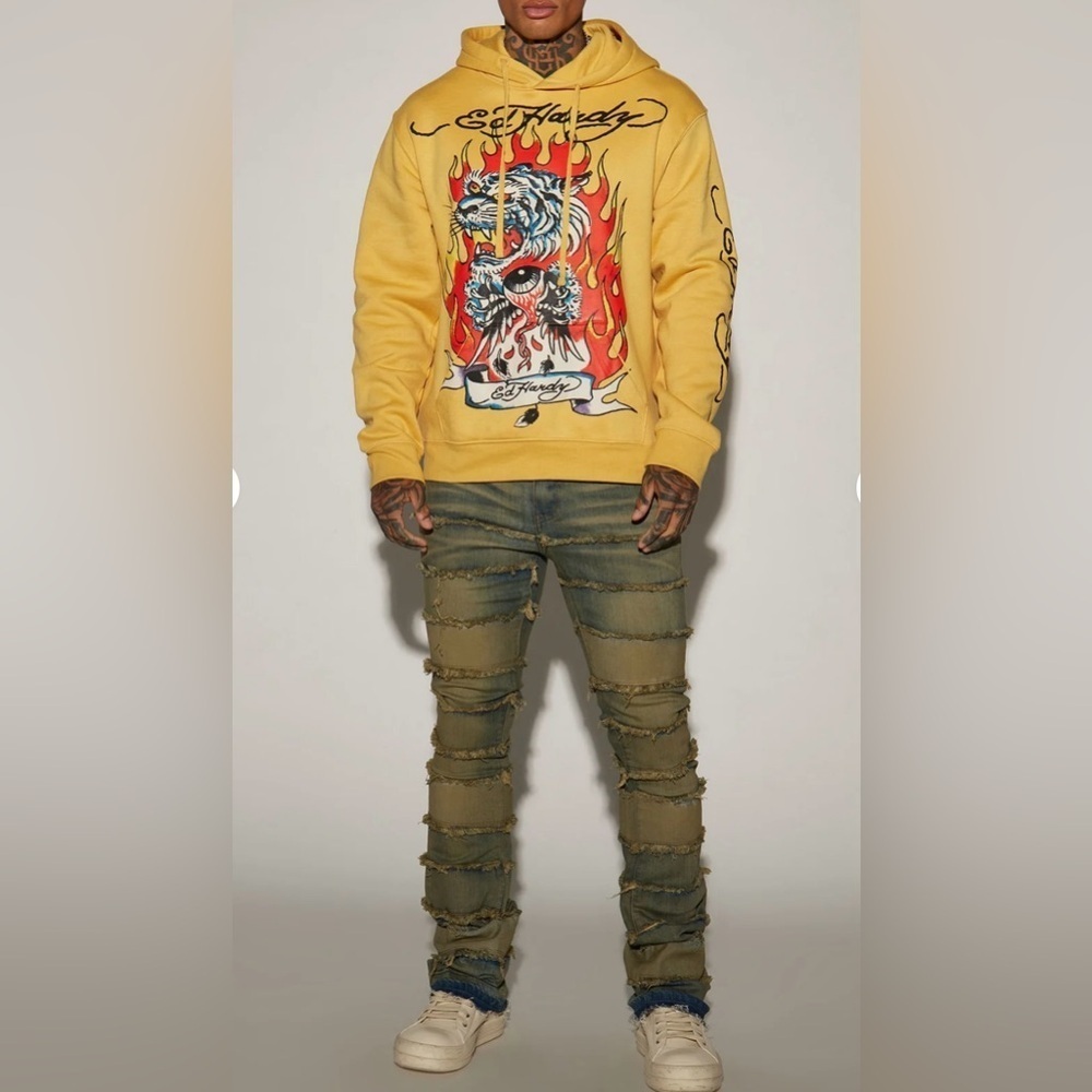 Ed Hardy Fir Tiger Yellow Graphic Hoodie Size XL